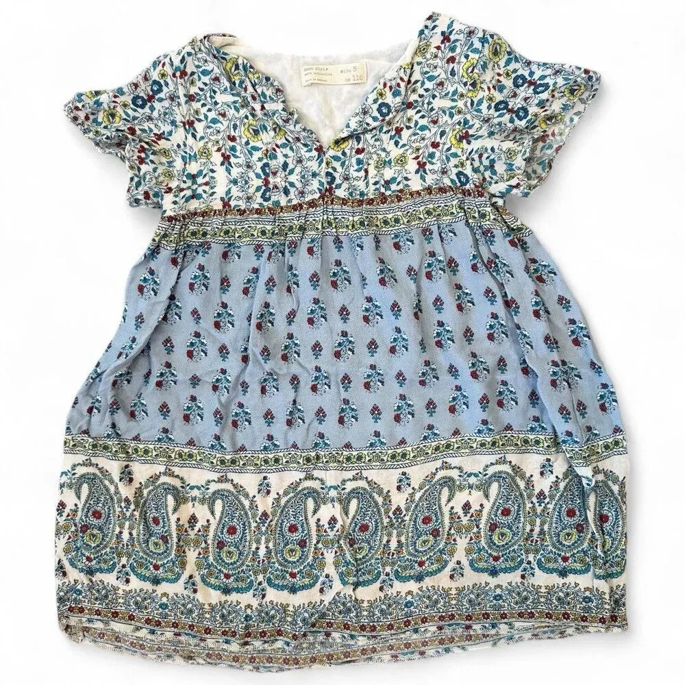 Zara Girl’s Dress Size 5 | 110 cm Soft Floral Paisley Boho Short Sleeve